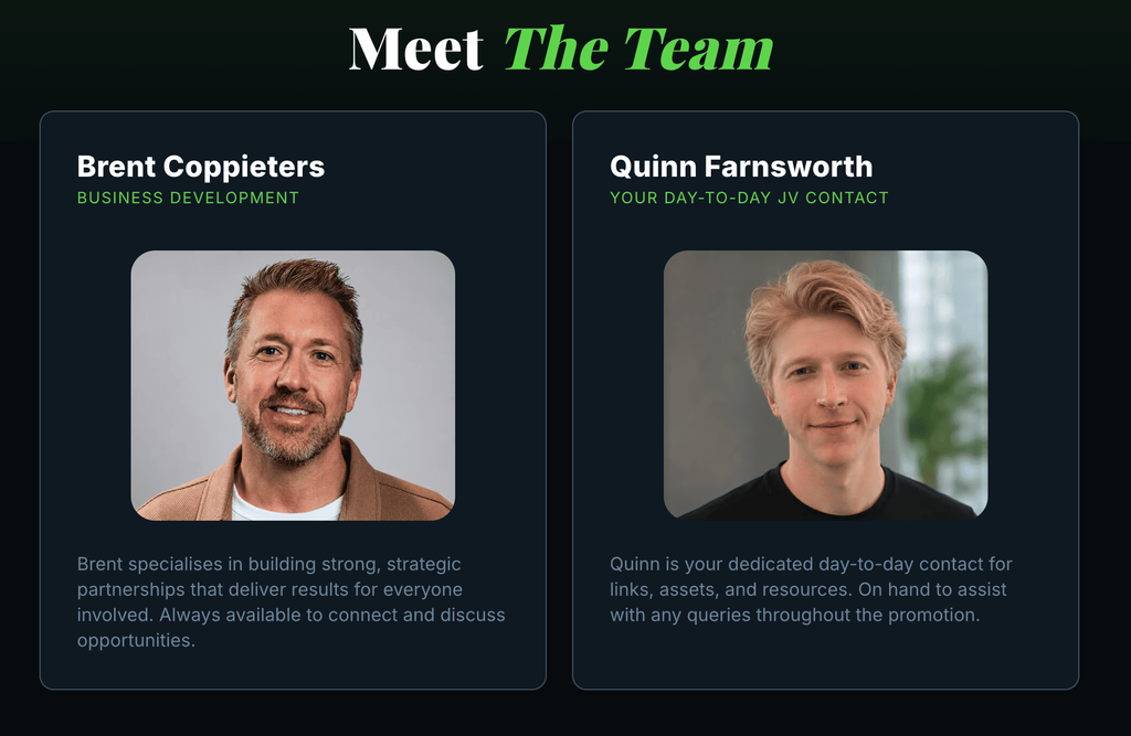 Brent Coppieters and Quinn Farnsworth listed as the primary day-to-day JV contact for Side Hustle Summit links, assets, and resources. 